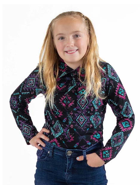 Cowgirl Tuff Girl's Pullover Button-Up (black aztec print)