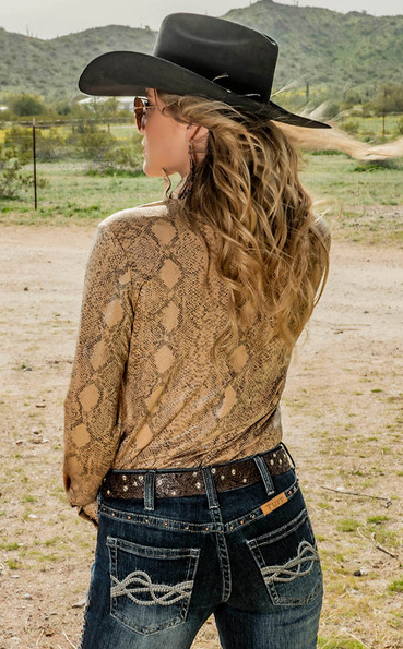 Cowgirl Tuff Pullover Button-Up (Tan Snake Mid-weight Faux Stretch Leather)