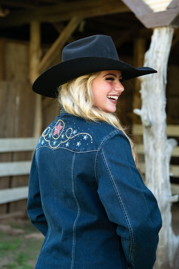 Denim Jacket with Rhinestones and Gold Detailing