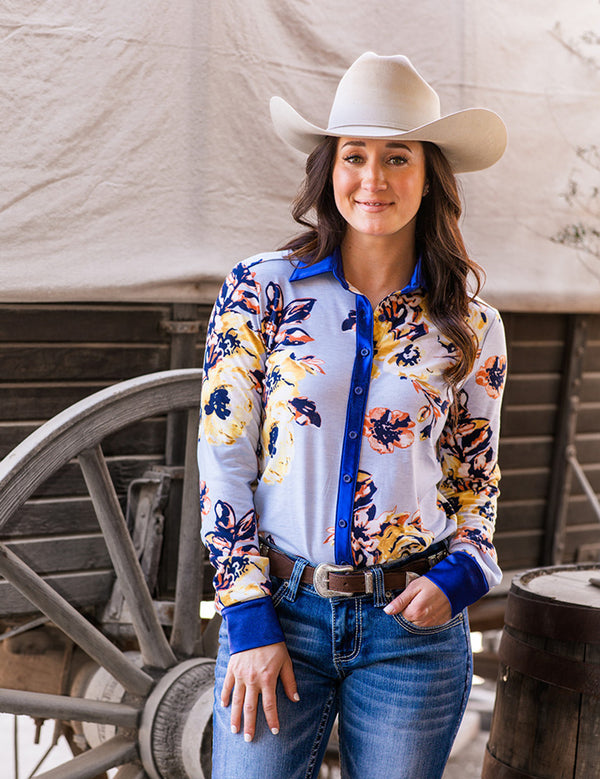 Pullover Button Up (Light Blue Floral Jersey Lightweight Stretch)