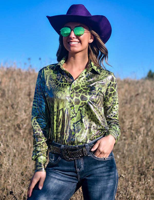 Pullover Button Up (Green Shiny Animal Print Lightweight Stretch Jersey)