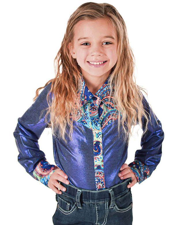 Cowgirl Tuff Youth Pullover Button Up (Blue Metallic with Colorful Paisley Accents)