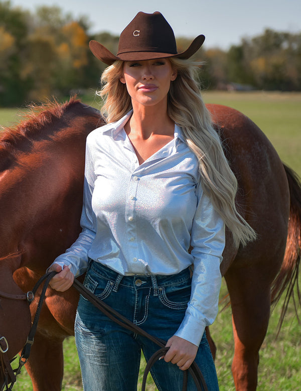 Cowgirl Tuff Pullover Button Up (White Sparkle Lightweight Stretch Jersey)