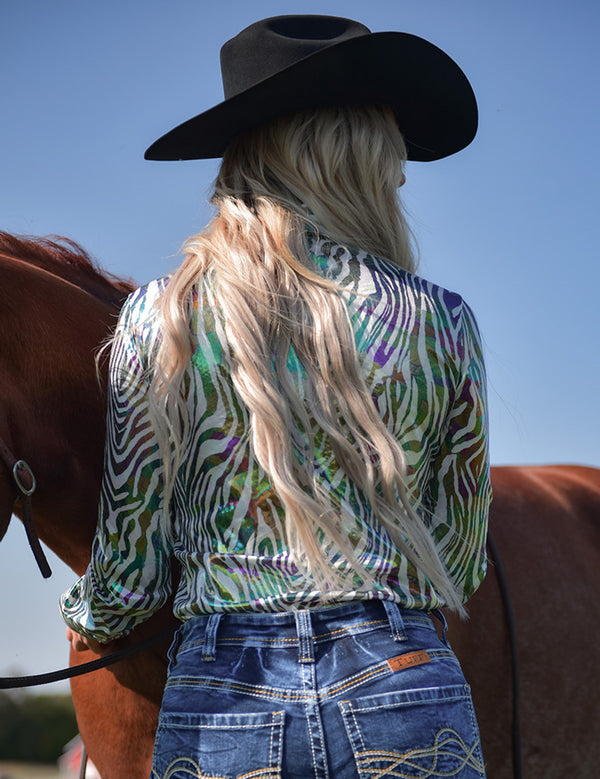 Cowgirl Tuff Pullover Button Up (Colorful Foil Zebra Print Lightweight Stretch)