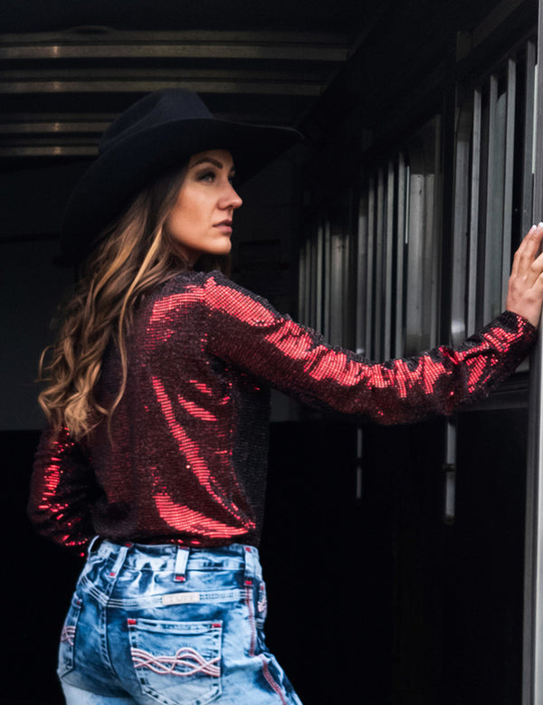 Pullover Button Up-Black w/Red Metallic