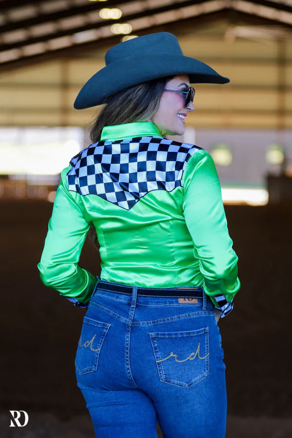 LIME FINISH LINE SATIN PERFORMANCE RODEO SHIRT by RANCH DRESSN