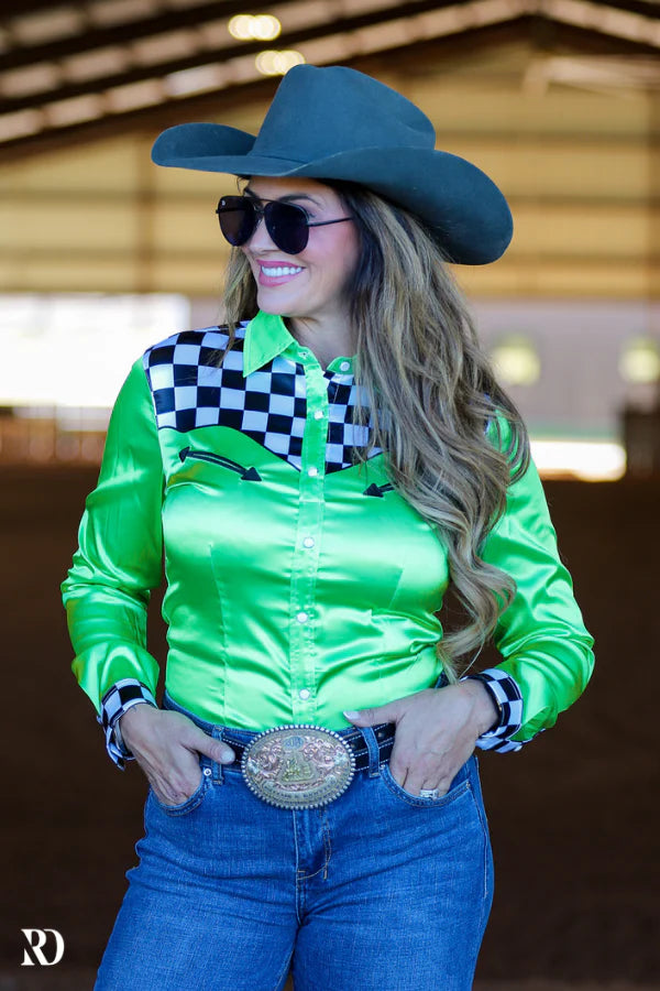 LIME FINISH LINE SATIN PERFORMANCE RODEO SHIRT by RANCH DRESSN