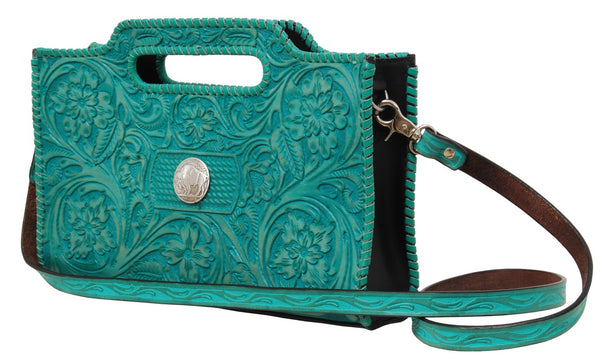 Chic Clutch/CrossBody with Floral Carving, Turquoise