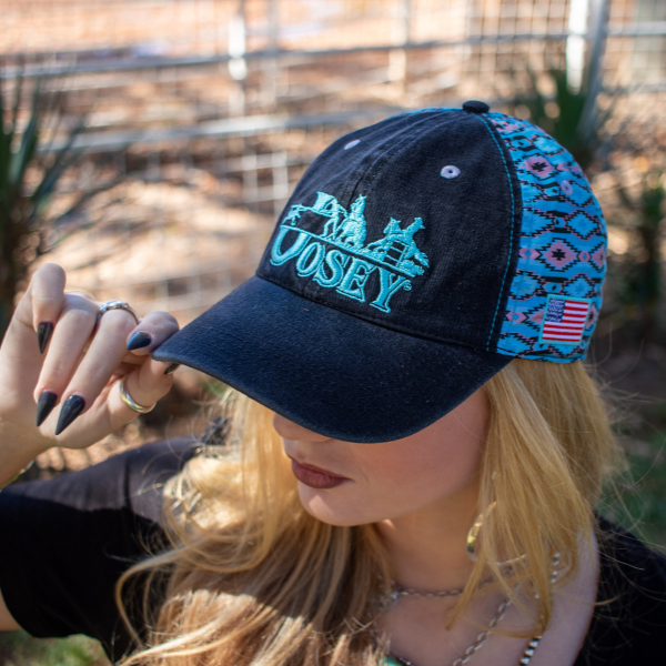 Josey Ranch Custom Cap Unstructured Black with Blue Aztec