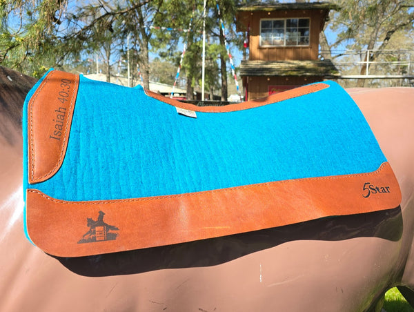 5 Star  7/8" Turquoise All Around 30x30 Wool Saddle Pad "Isaiah 40:30"