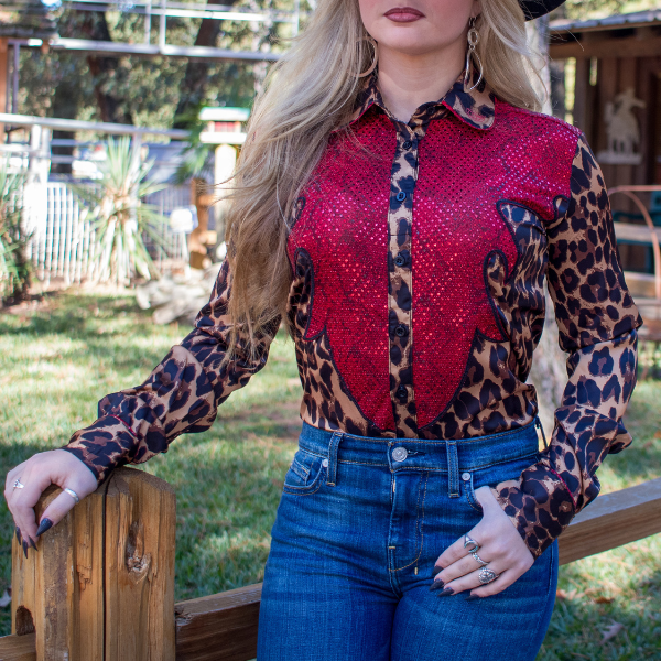 Cowgirl Tuff Pullover Button Up Cheetah with Red Glitter Western Detail