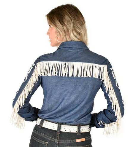 Cowgirl Tuff Pullover Button-Up, denim knit, cream print aztec sleeves, and cream fringe