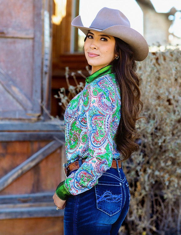 Pullover Button Up- Colorful Paisley With Green Metallic Accents