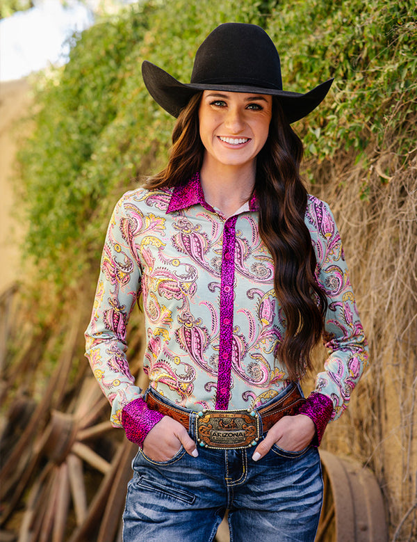 Pullover Button Up -Colorful Paisley With Pink Foil Metallic Accents