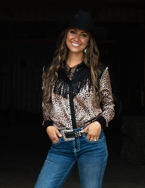 Cowgirl Tuff Pullover Button Up Cheetah with Black Satin Fringe
