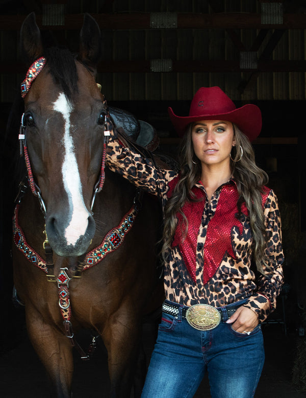 Cowgirl Tuff Pullover Button Up Cheetah with Red Glitter Western Detail