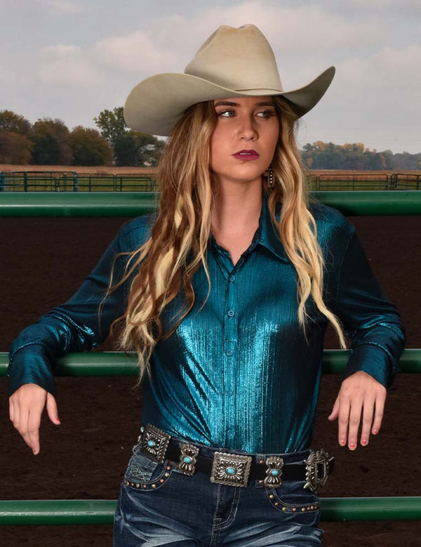 Cowgirl Tuff Pullover Button Up- Shiny Aqua