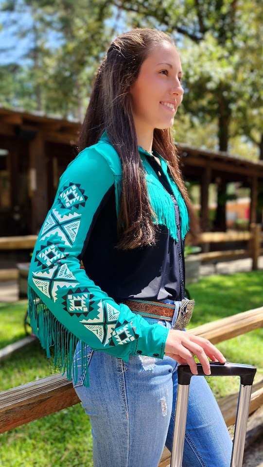 Cowgirl Tuff Pullover Button Up Breathe- Black with Teal Fringe