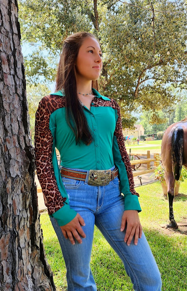 Cowgirl Tuff Pullover Button Up Breathe- Teal with Leopard Mesh Sleeves