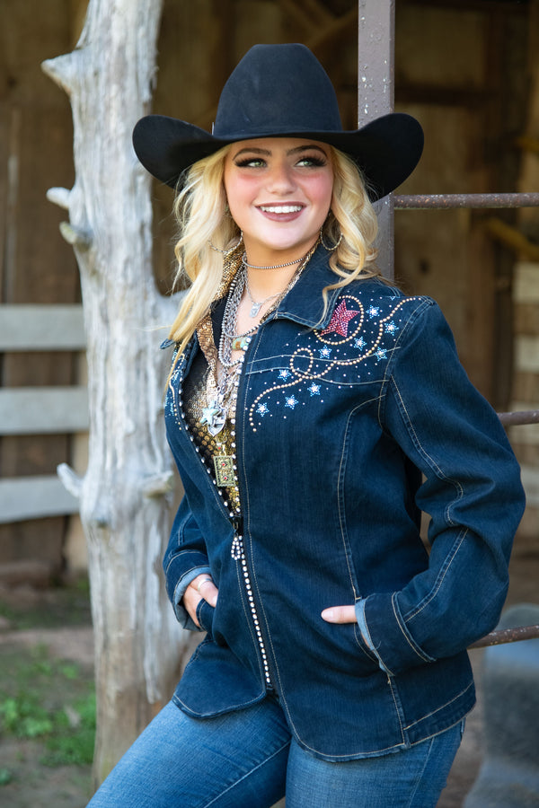 Denim Jacket with Rhinestones and Gold Detailing
