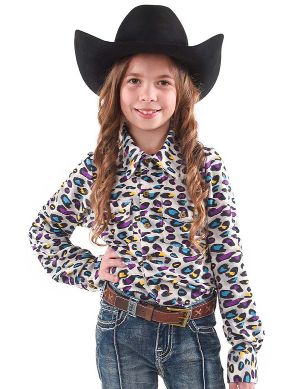 Cowgirl Tuff Youth Pullover Button Up-Purple Yellow Turquoise Leopard Print