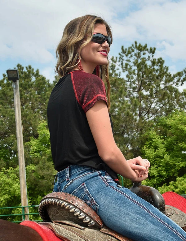 Tee with Never Give Up Embroidery (Black Lightweight Slub with Dark Red Shimmer Breathe Sleeves)