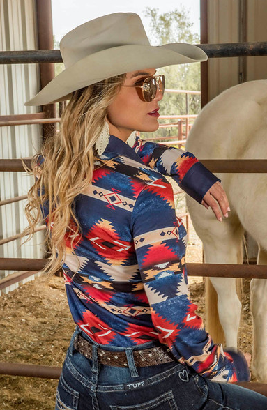 Cowgirl Tuff Pullover Button-Up (Red And Blue Western Print Mid-weight Stretch Jersey)