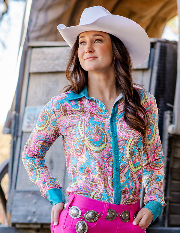 Pink Paisley with Turquoise Metallic Accents Lightweight Pullover