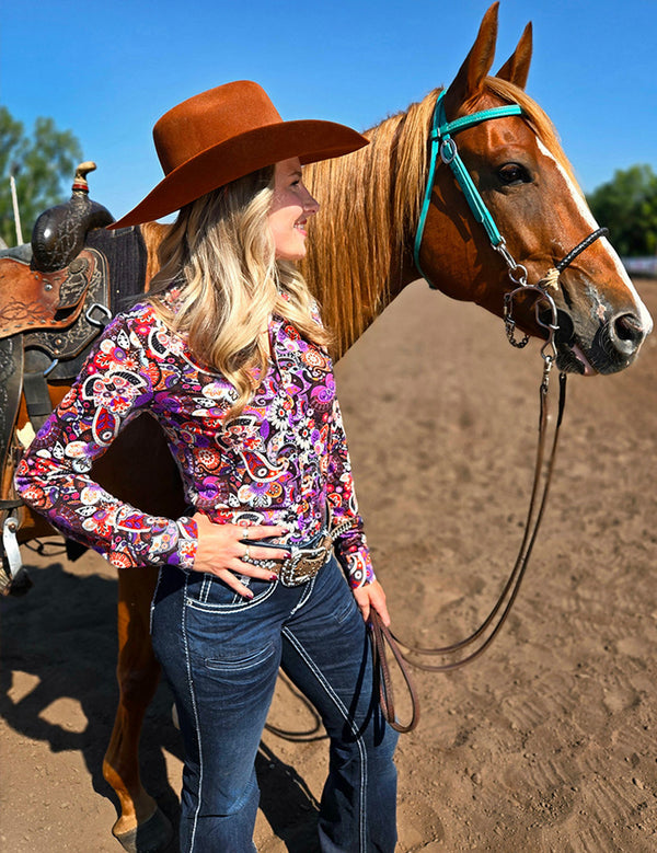 Multi Colored Paisley Stretch Midweight Jersey Pullover Button Up
