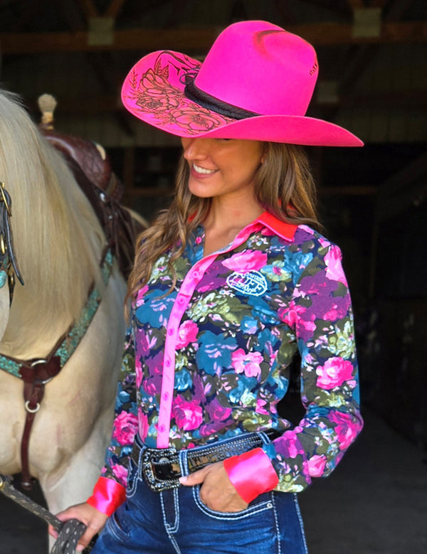 Hot Pink Floral Stretch Midweight Jersey Pullover Button Up