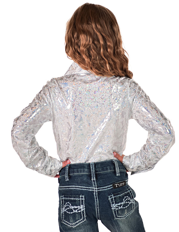 YOUTH White & Silver Iridescent Metallic Stretch Lightweight Pullover