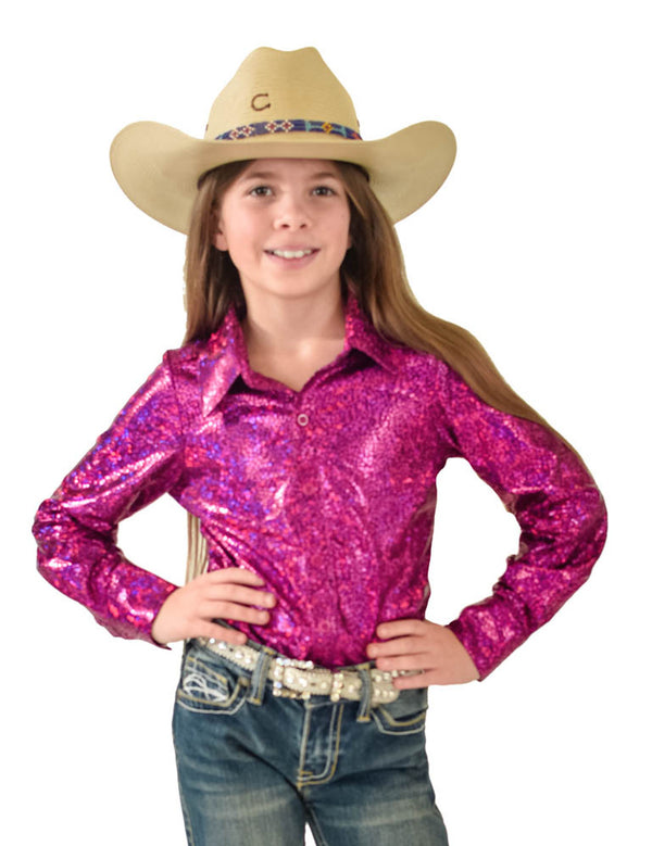 Girls Pullover Button-Up (Hot Pink Metallic Lightweight Stretch Jersey)