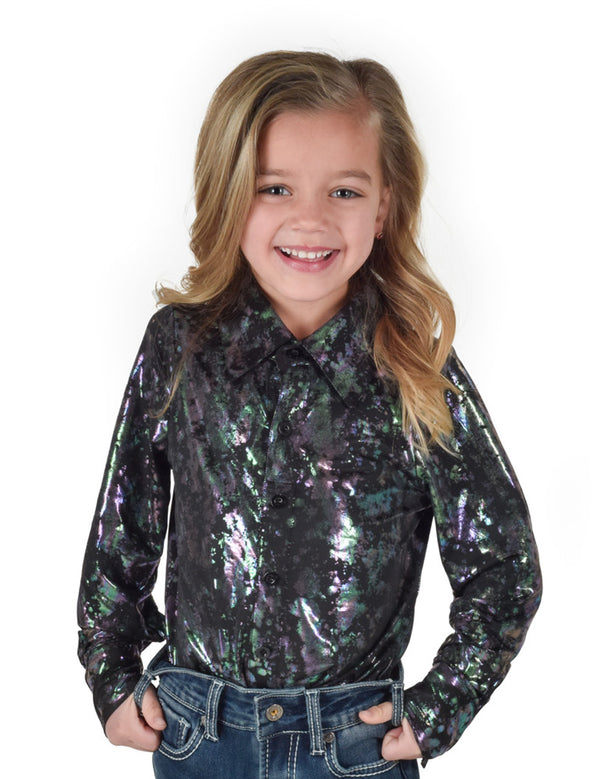 Girls Pullover Button Up (Black with Splatter Print Lightweight Stretch Jersey)