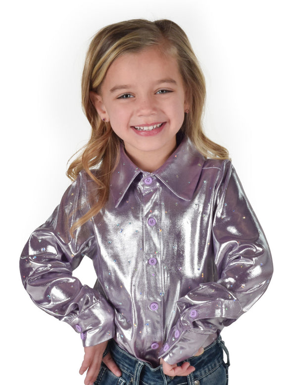 Girls Pullover Button Up (Lilac With Silver Foil Heart and Stars Lightweight Stretch Jersey)