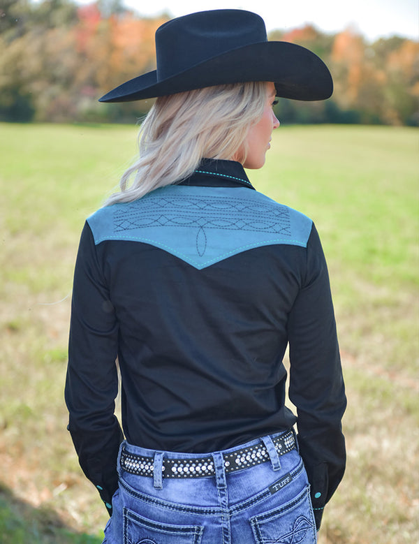 Pullover Button Up (Black With Turquoise Accents Mid-Weight Stretch Suede)