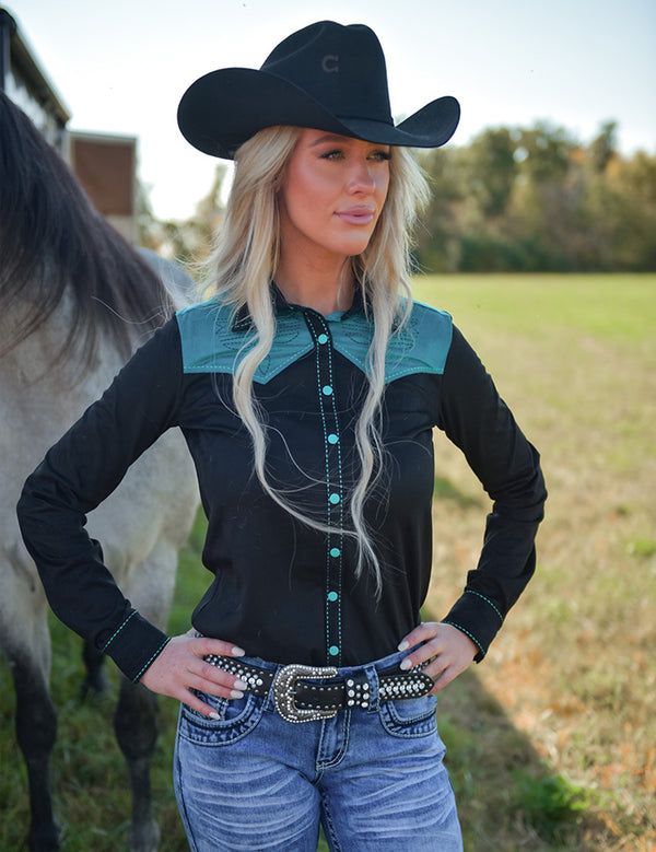 Pullover Button Up (Black With Turquoise Accents Mid-Weight Stretch Suede)