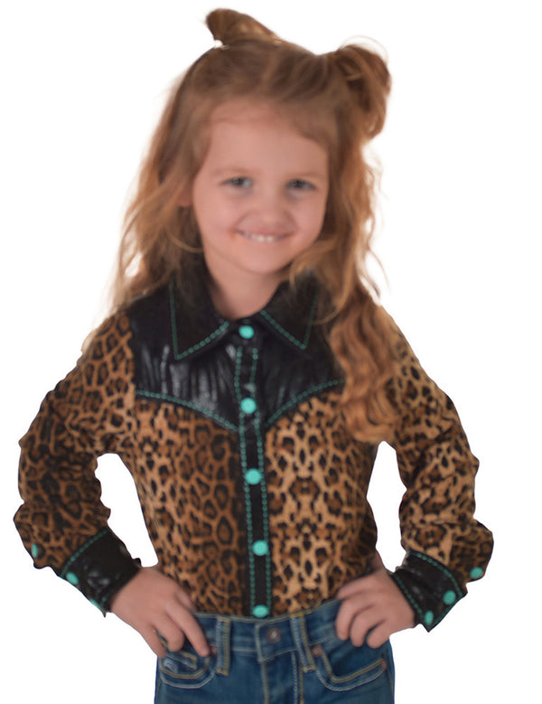 Girls Pullover Button Up (Leopard With Turquoise Accents Lightweight Stretch Jersey)