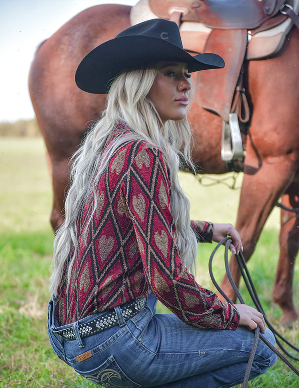 Pullover Button Up (Red Shimmery Diamonds And Hearts Lightweight Stretch Jersey)