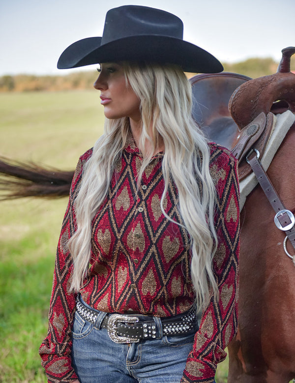 Pullover Button Up (Red Shimmery Diamonds And Hearts Lightweight Stretch Jersey)