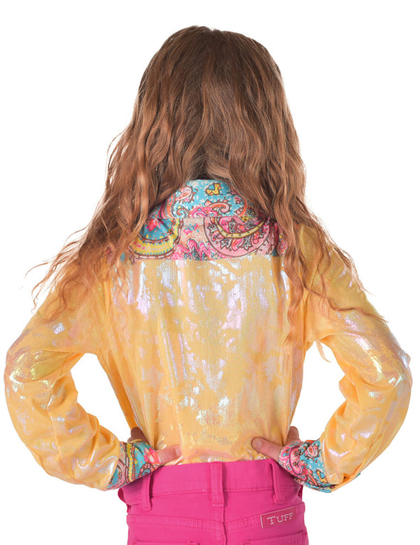 Cowgirl Tuff Youth Pullover Button Up (Yellow Foil Metallic with Colorful Paisley)