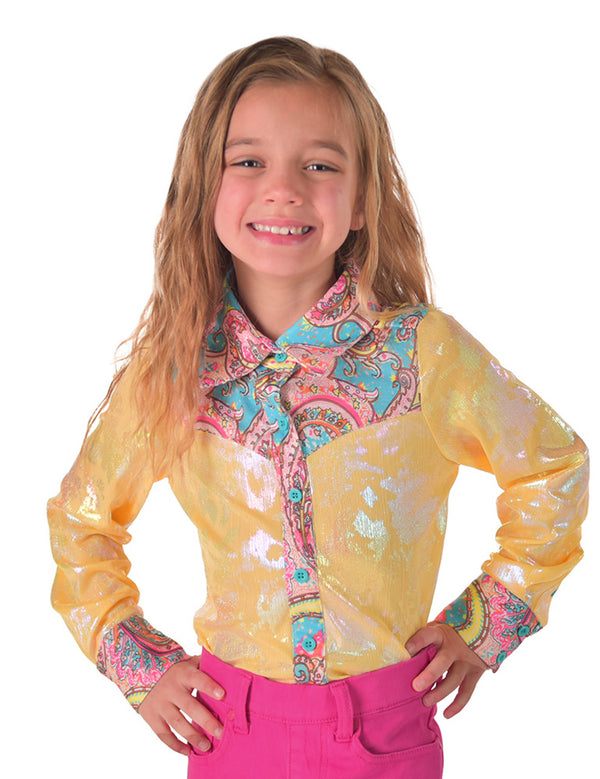 Cowgirl Tuff Youth Pullover Button Up (Yellow Foil Metallic with Colorful Paisley)