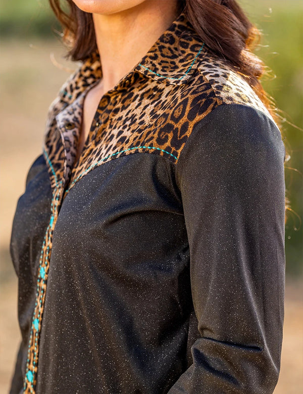 Black Shimmer Pullover Button Up with Leopard Jersey yoke, cuffs, lapel with turquoise stitching & snaps