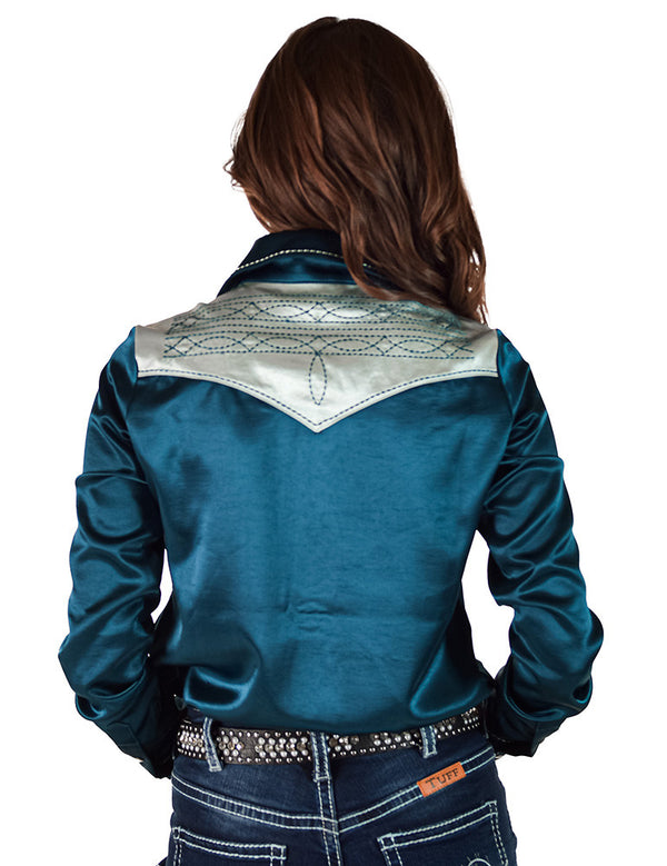 Dark Teal & Mint Satin Pullover Button Up with BootStitch Embroidery & pearl snaps