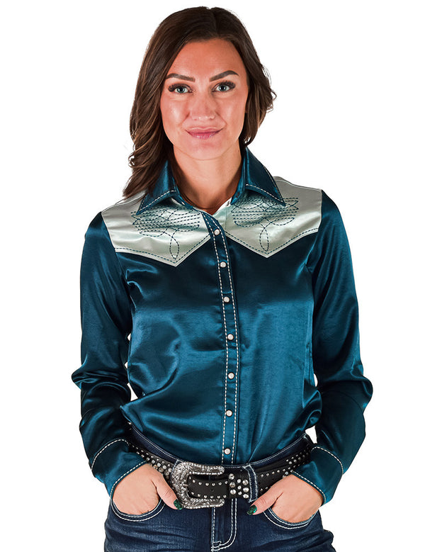 Dark Teal & Mint Satin Pullover Button Up with BootStitch Embroidery & pearl snaps