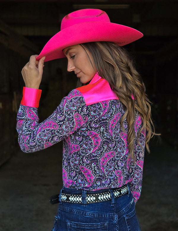 Pullover Button Up (Hot Pink Satin & Navy Paisley Medium Weight and Medium Stretch
