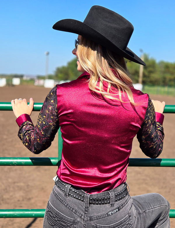 Ruby Red Satin with Sheer Velvet Sleeves Pullover Button Up