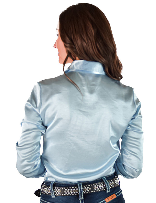 Sky Blue Satin Pullover Button Up in low stretch medium weight