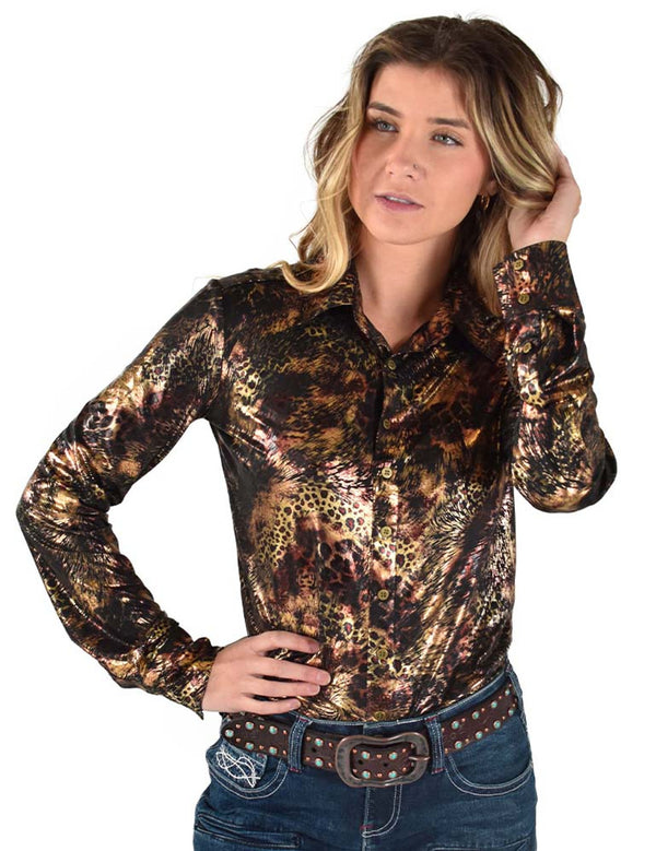 Cowgirl Tuff Pullover Button Up- Black Shiny Foil Leopard