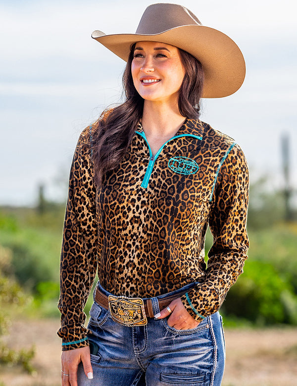 Leopard Jersey  1/4 Cadet Zip w/Turquoise Stitching