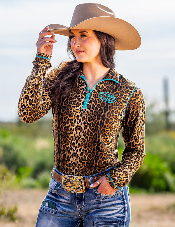 Leopard Jersey  1/4 Cadet Zip w/Turquoise Stitching